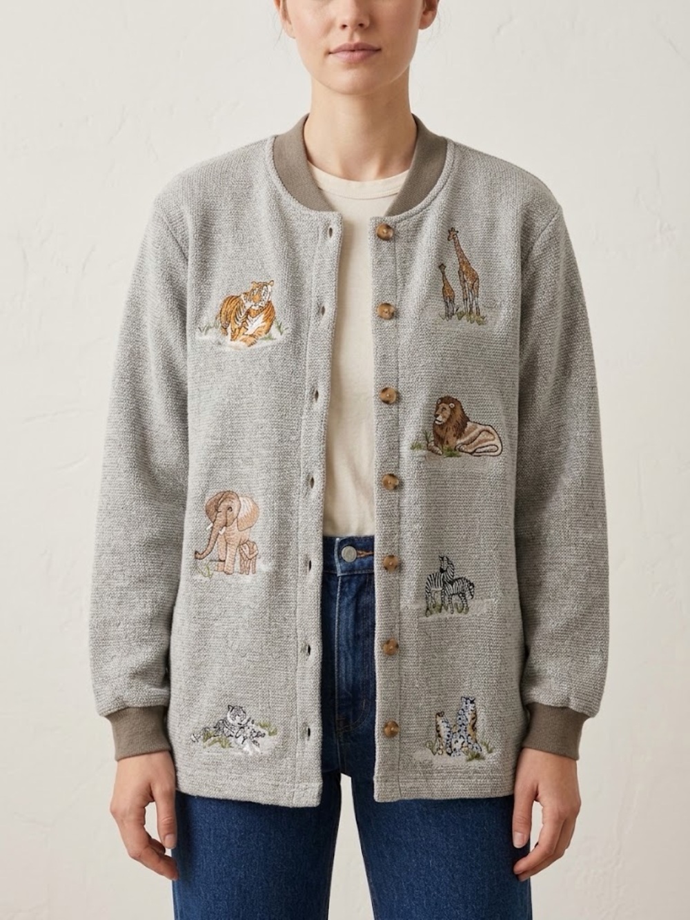 Bon Worth Vintage Women Safari Animal Embroidered Cardigan L Grandmacore Woodlan